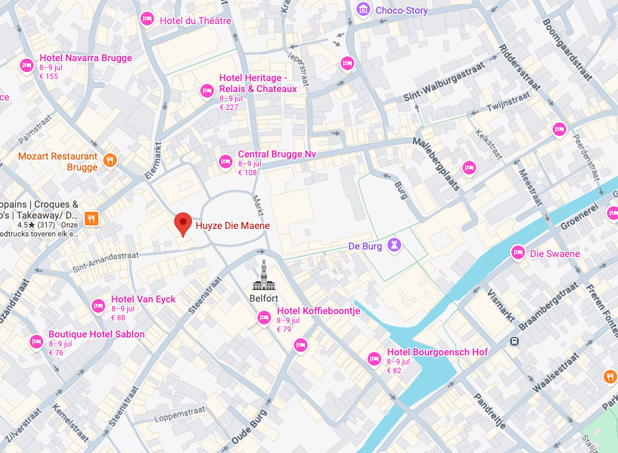 Kaart van het centrum van Brugge met Brasserie die Maene aangeduid